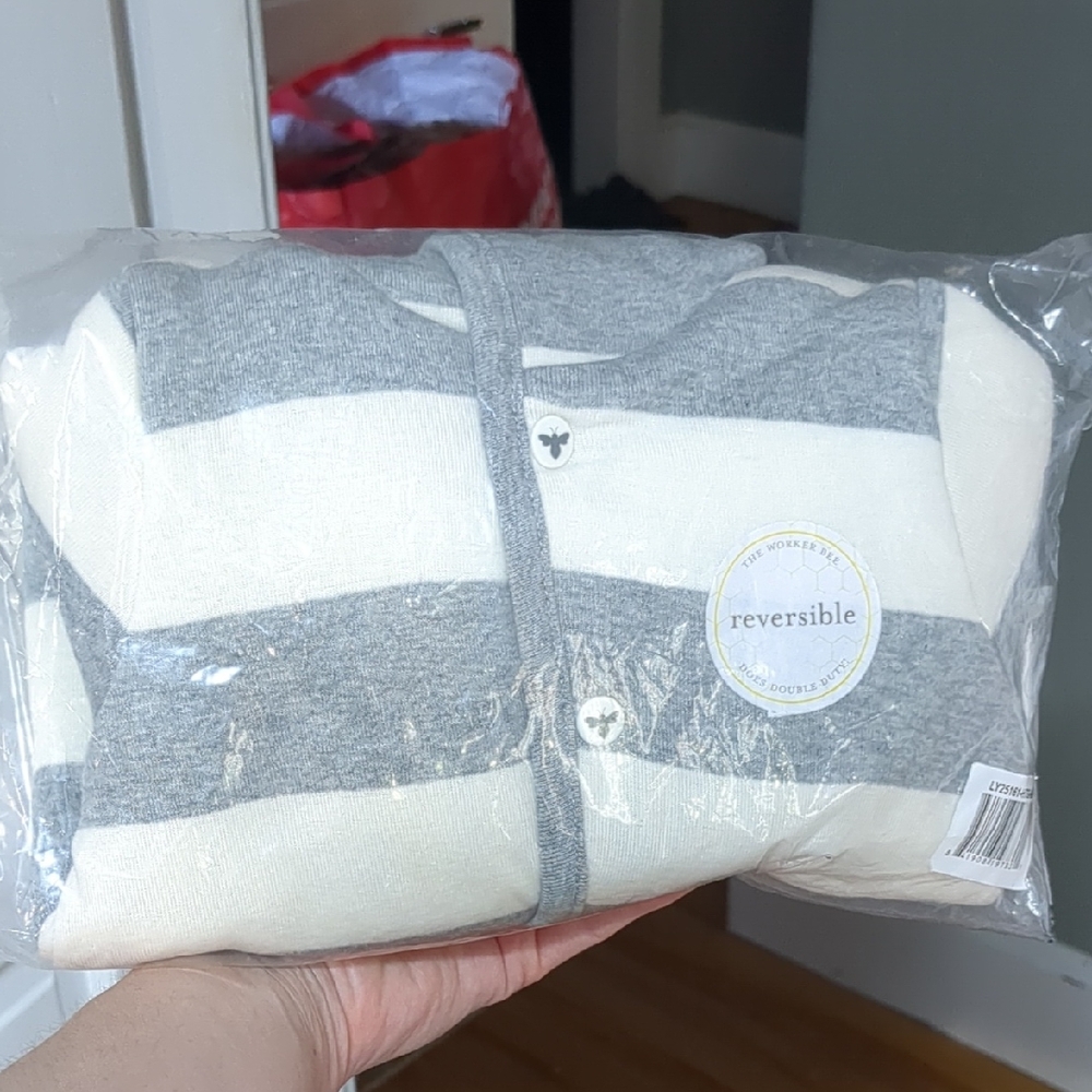 NIB Burt's Bees Baby Organic Cotton Baby Gray White Striped Reversible Hoodie